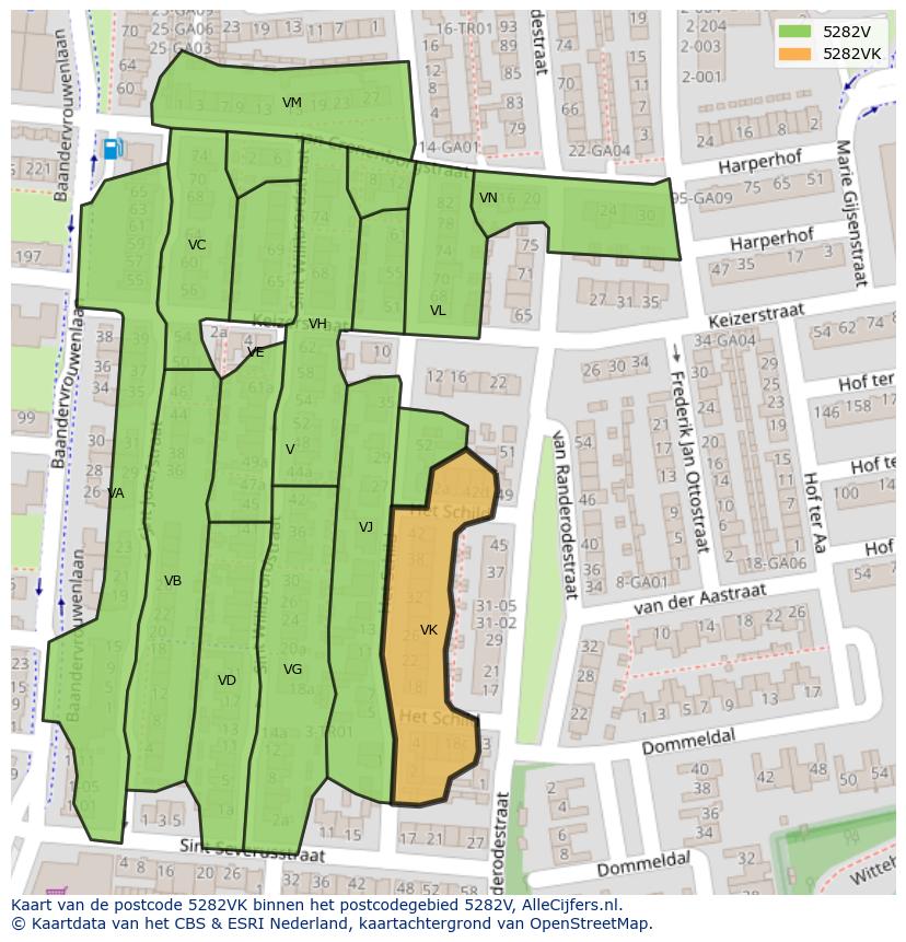 Afbeelding van het postcodegebied 5282 VK op de kaart.