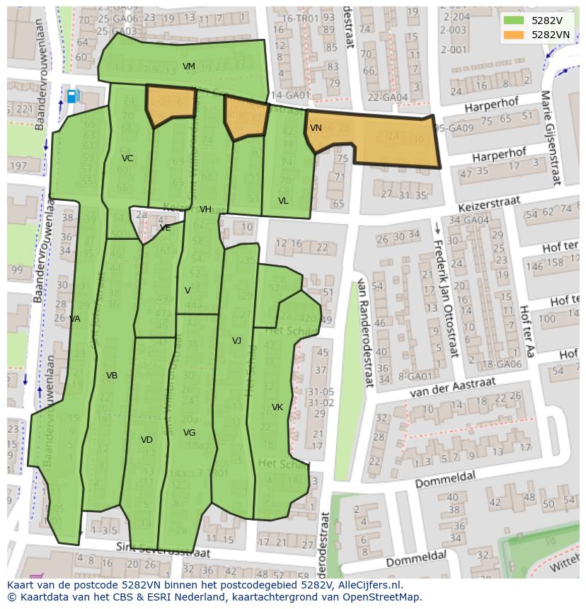 Afbeelding van het postcodegebied 5282 VN op de kaart.