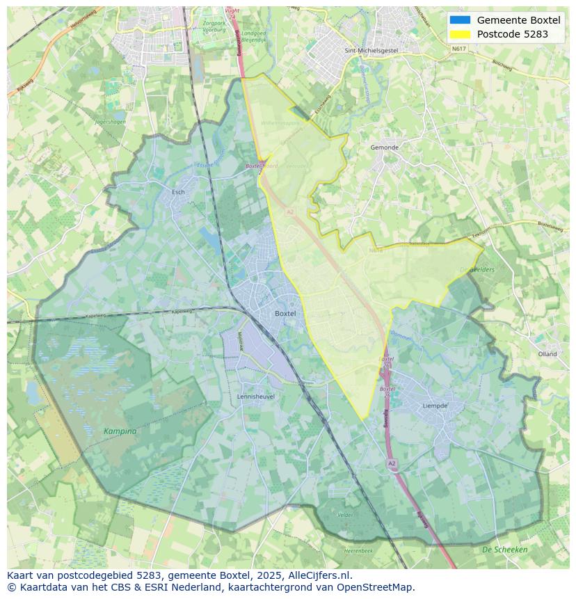 Afbeelding van het postcodegebied 5283 op de kaart.