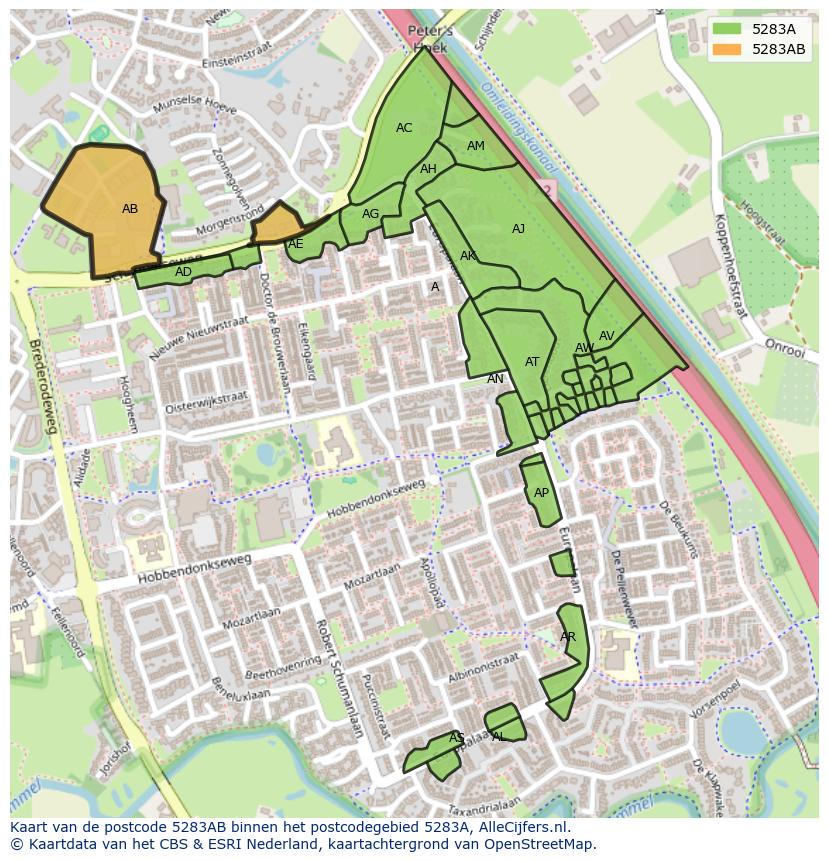 Afbeelding van het postcodegebied 5283 AB op de kaart.