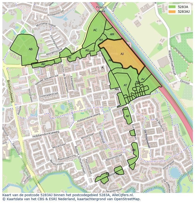 Afbeelding van het postcodegebied 5283 AJ op de kaart.