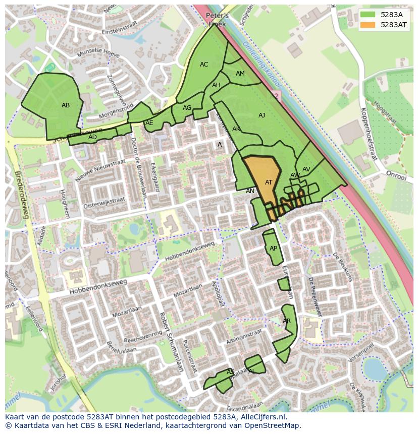 Afbeelding van het postcodegebied 5283 AT op de kaart.