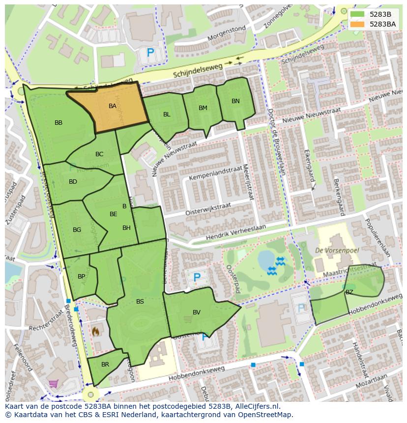 Afbeelding van het postcodegebied 5283 BA op de kaart.