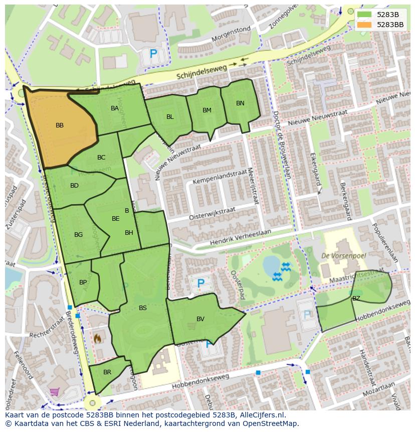 Afbeelding van het postcodegebied 5283 BB op de kaart.