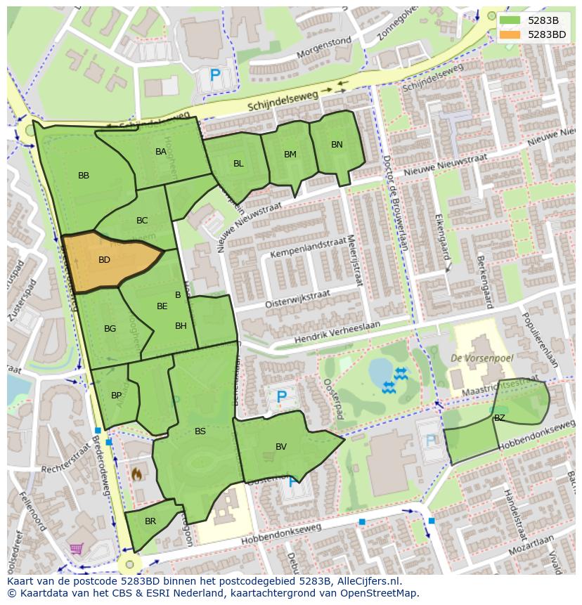 Afbeelding van het postcodegebied 5283 BD op de kaart.