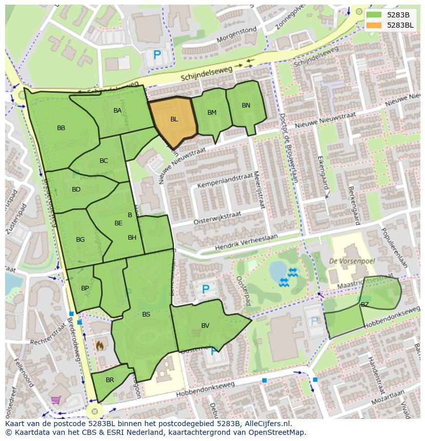 Afbeelding van het postcodegebied 5283 BL op de kaart.