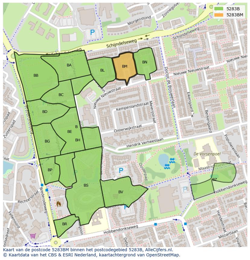 Afbeelding van het postcodegebied 5283 BM op de kaart.