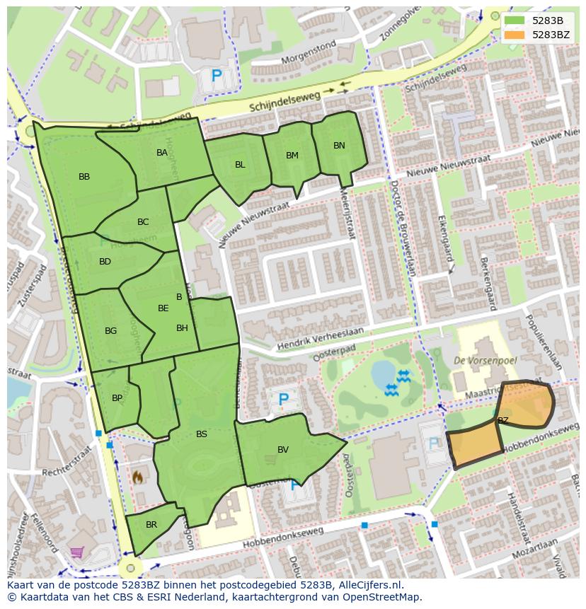 Afbeelding van het postcodegebied 5283 BZ op de kaart.