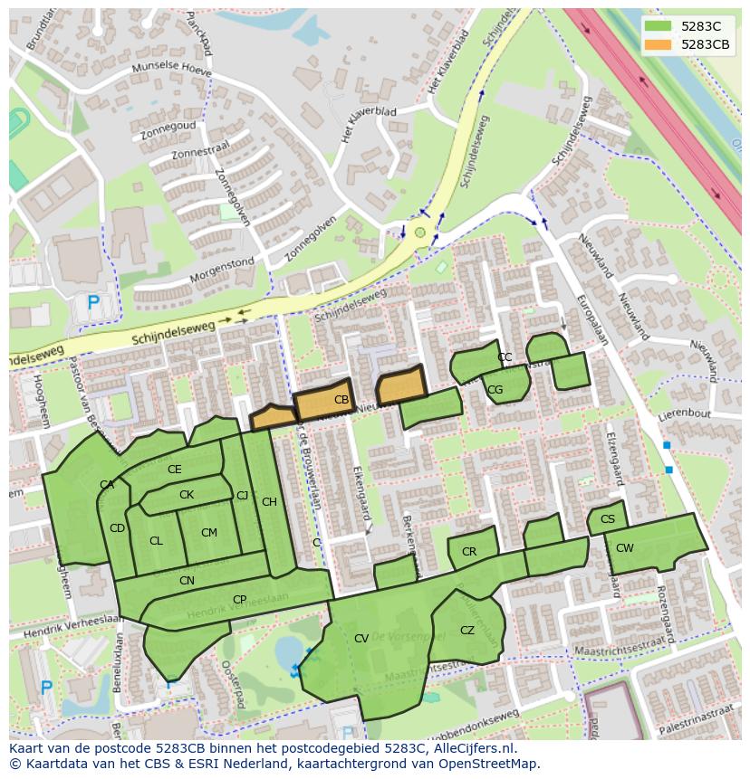 Afbeelding van het postcodegebied 5283 CB op de kaart.