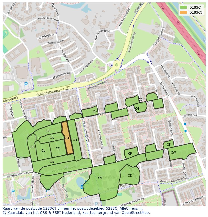 Afbeelding van het postcodegebied 5283 CJ op de kaart.