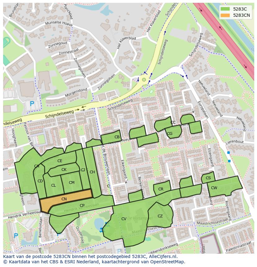 Afbeelding van het postcodegebied 5283 CN op de kaart.