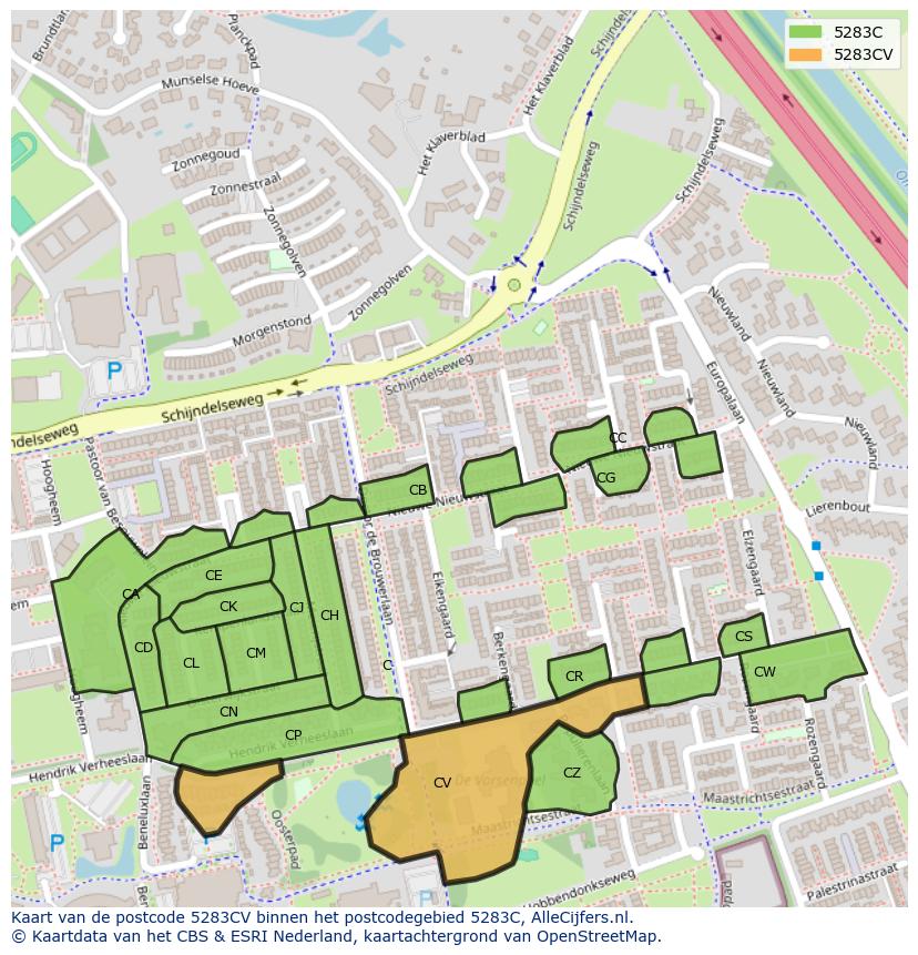 Afbeelding van het postcodegebied 5283 CV op de kaart.