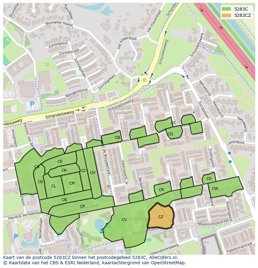 Afbeelding van het postcodegebied 5283 CZ op de kaart.
