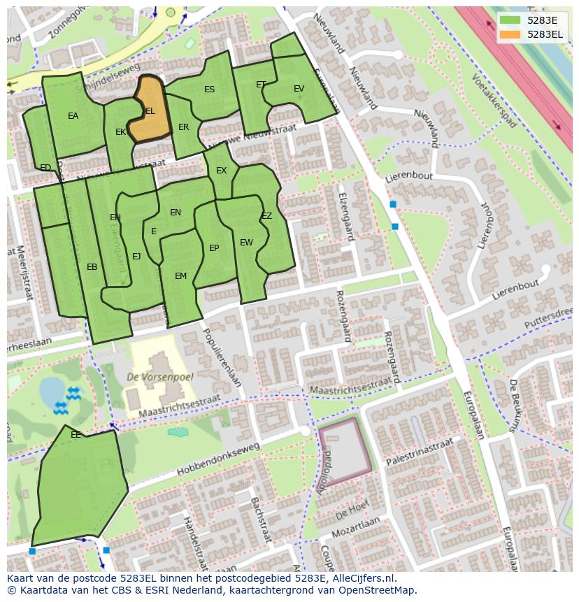 Afbeelding van het postcodegebied 5283 EL op de kaart.