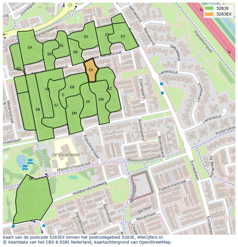 Afbeelding van het postcodegebied 5283 EX op de kaart.