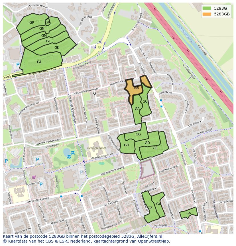 Afbeelding van het postcodegebied 5283 GB op de kaart.
