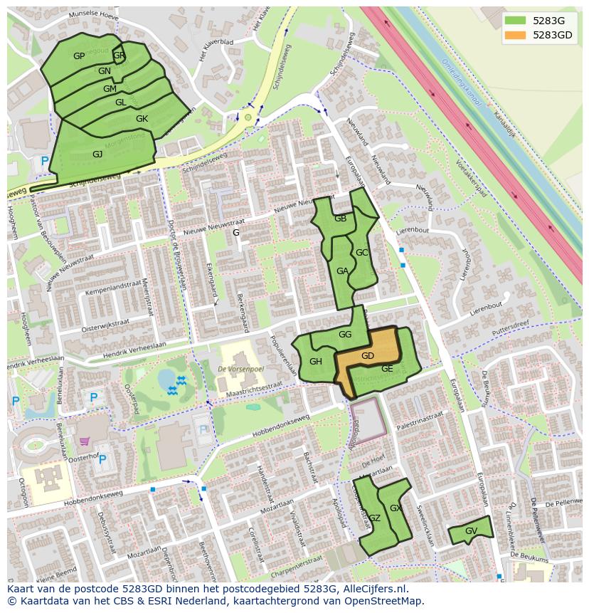 Afbeelding van het postcodegebied 5283 GD op de kaart.