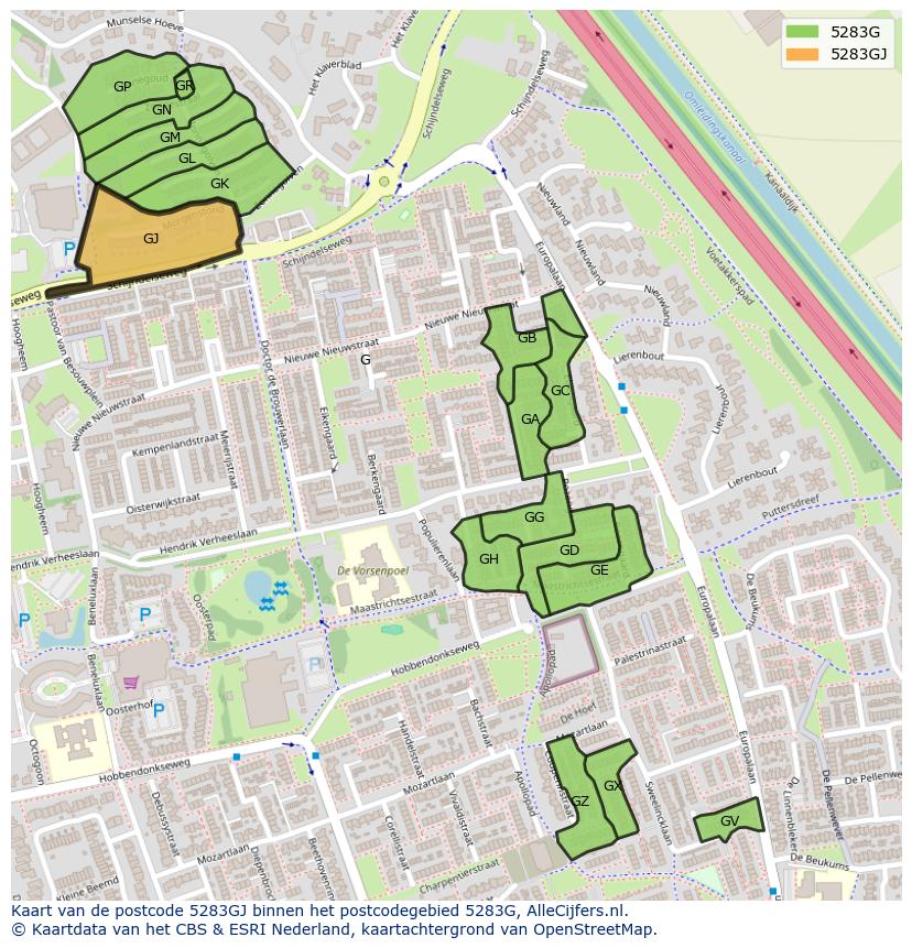Afbeelding van het postcodegebied 5283 GJ op de kaart.