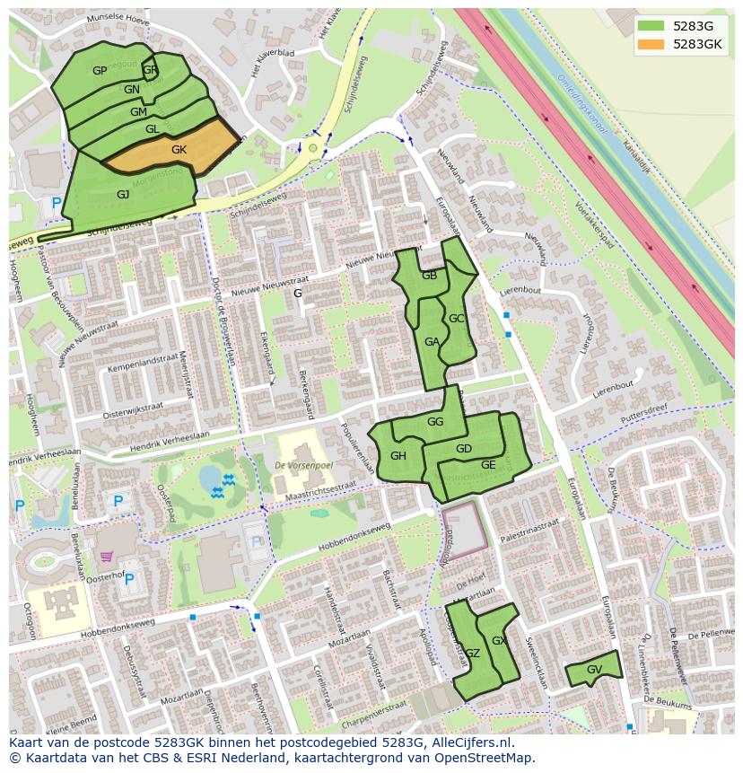 Afbeelding van het postcodegebied 5283 GK op de kaart.