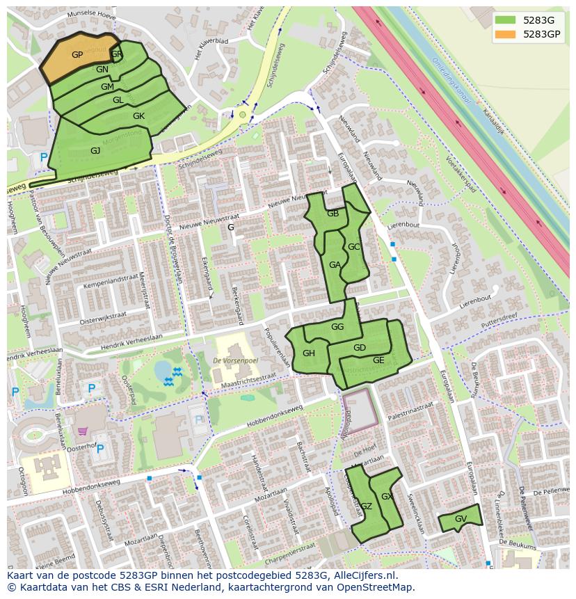 Afbeelding van het postcodegebied 5283 GP op de kaart.