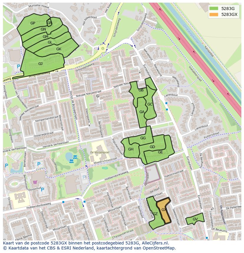 Afbeelding van het postcodegebied 5283 GX op de kaart.