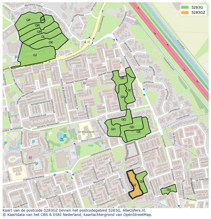 Afbeelding van het postcodegebied 5283 GZ op de kaart.