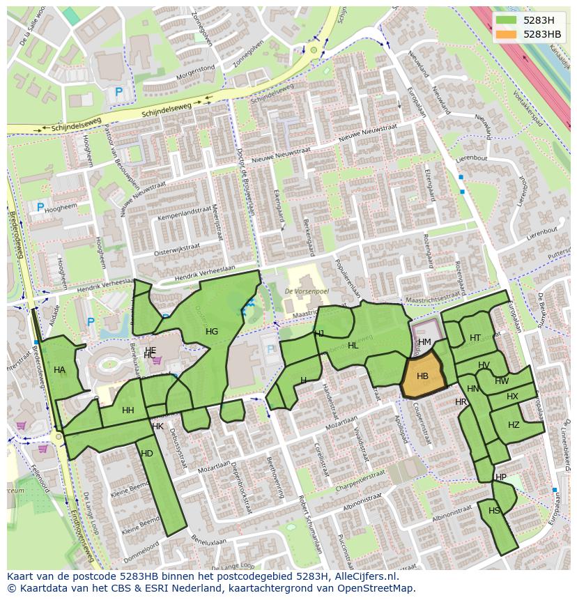 Afbeelding van het postcodegebied 5283 HB op de kaart.