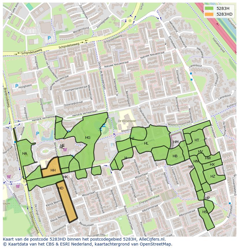 Afbeelding van het postcodegebied 5283 HD op de kaart.