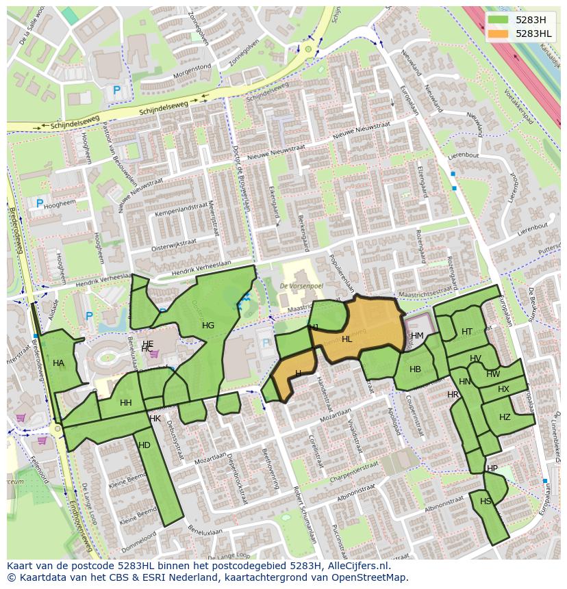 Afbeelding van het postcodegebied 5283 HL op de kaart.
