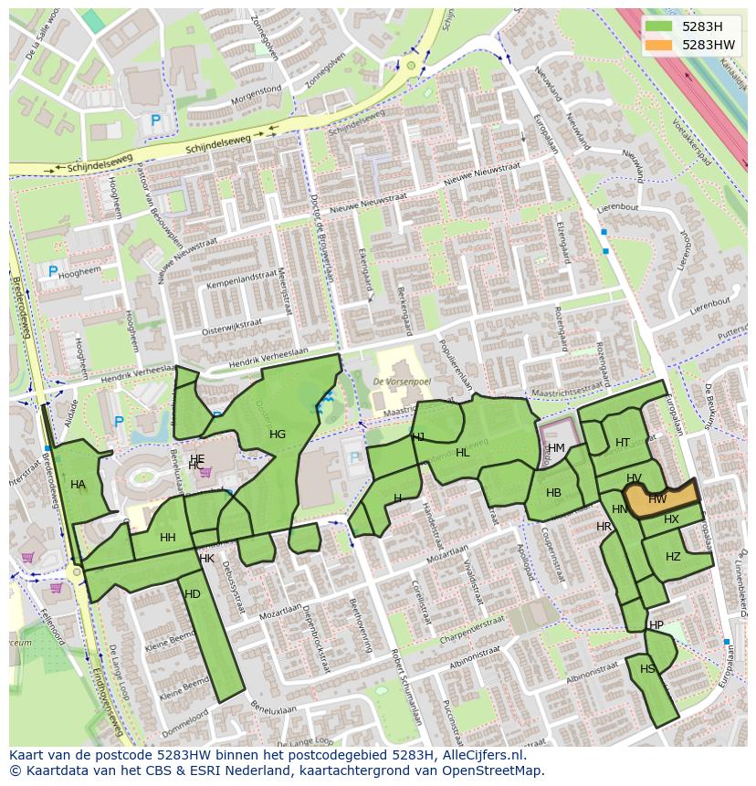 Afbeelding van het postcodegebied 5283 HW op de kaart.
