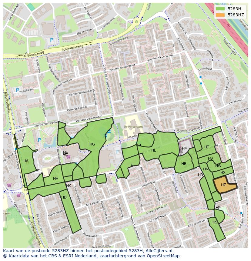 Afbeelding van het postcodegebied 5283 HZ op de kaart.