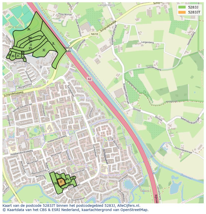 Afbeelding van het postcodegebied 5283 JT op de kaart.