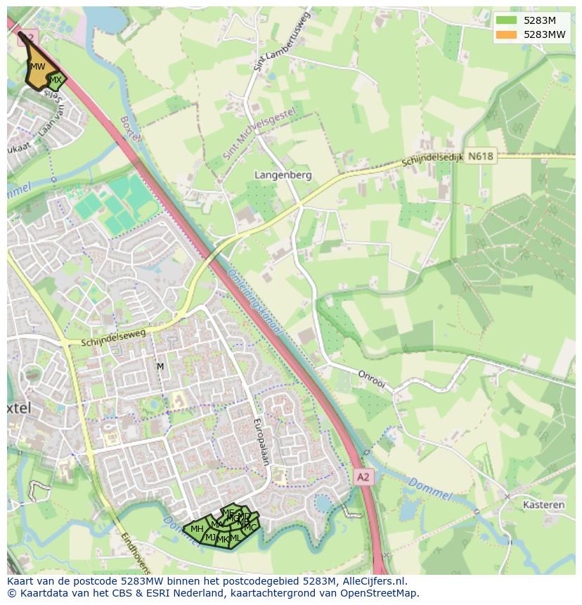 Afbeelding van het postcodegebied 5283 MW op de kaart.
