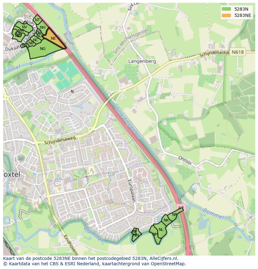 Afbeelding van het postcodegebied 5283 NE op de kaart.