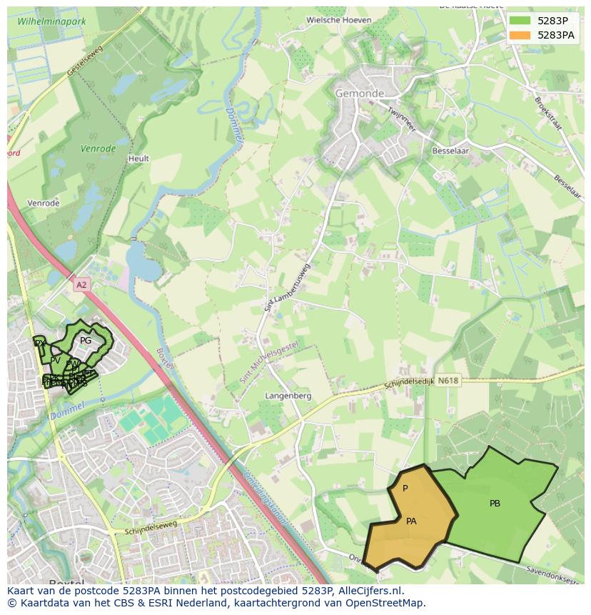 Afbeelding van het postcodegebied 5283 PA op de kaart.