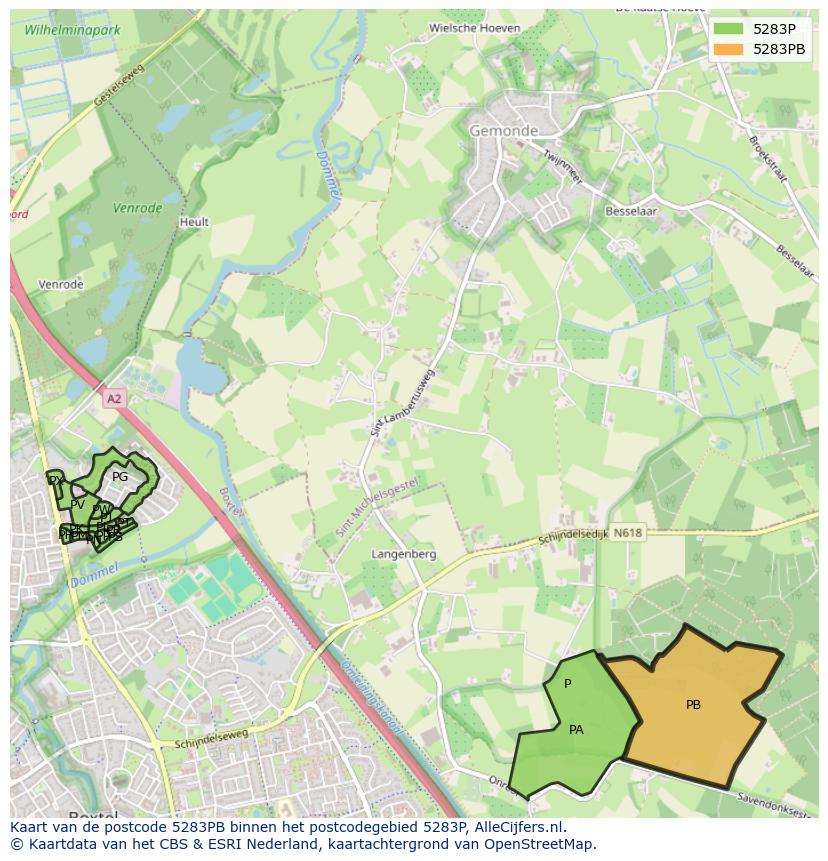 Afbeelding van het postcodegebied 5283 PB op de kaart.