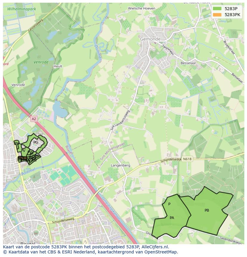 Afbeelding van het postcodegebied 5283 PK op de kaart.
