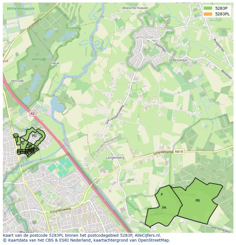 Afbeelding van het postcodegebied 5283 PL op de kaart.