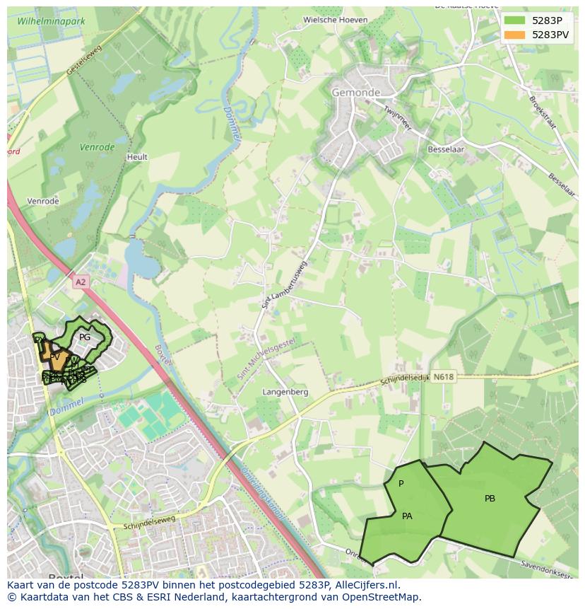 Afbeelding van het postcodegebied 5283 PV op de kaart.