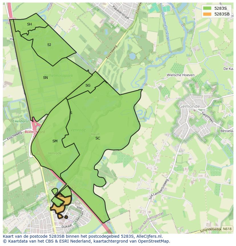 Afbeelding van het postcodegebied 5283 SB op de kaart.