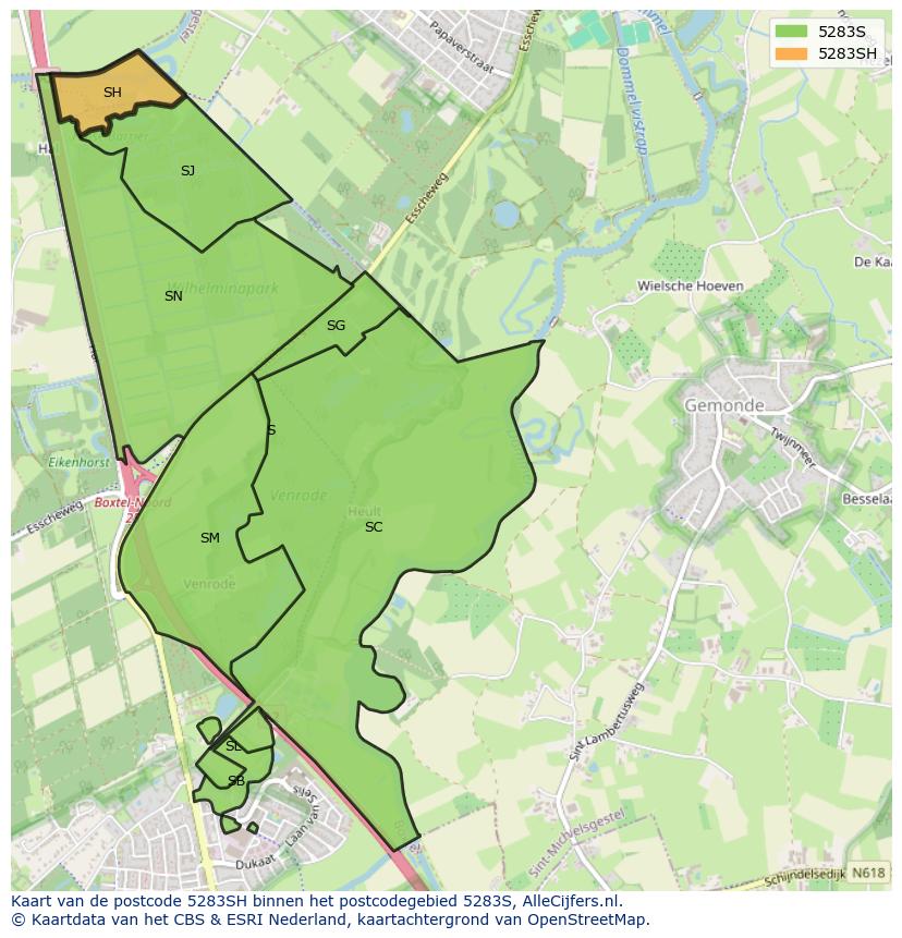Afbeelding van het postcodegebied 5283 SH op de kaart.