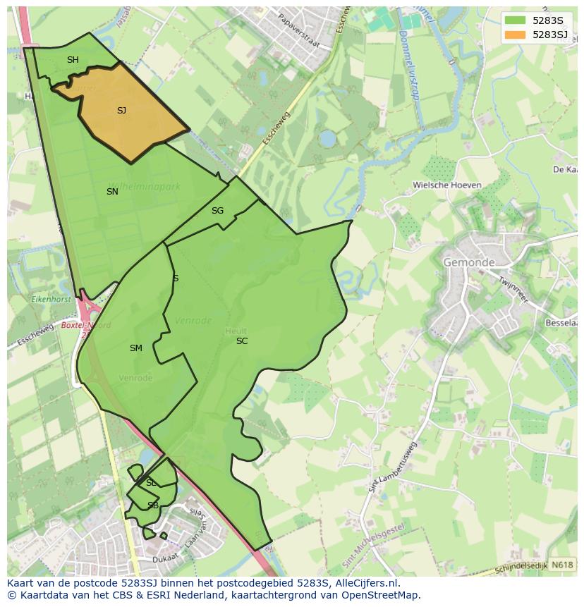 Afbeelding van het postcodegebied 5283 SJ op de kaart.