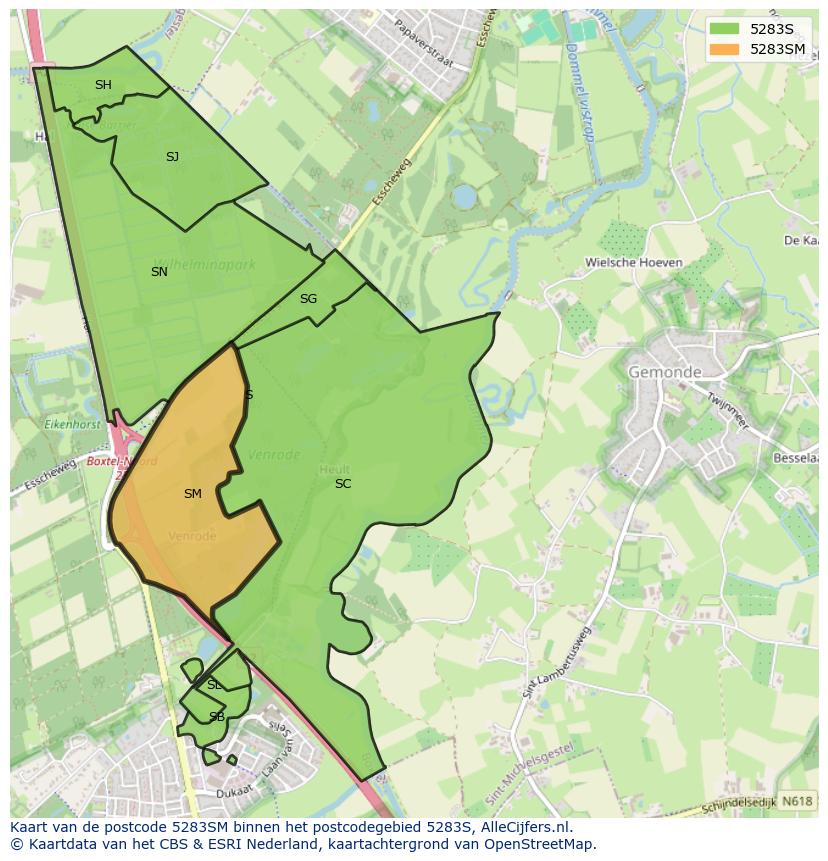 Afbeelding van het postcodegebied 5283 SM op de kaart.