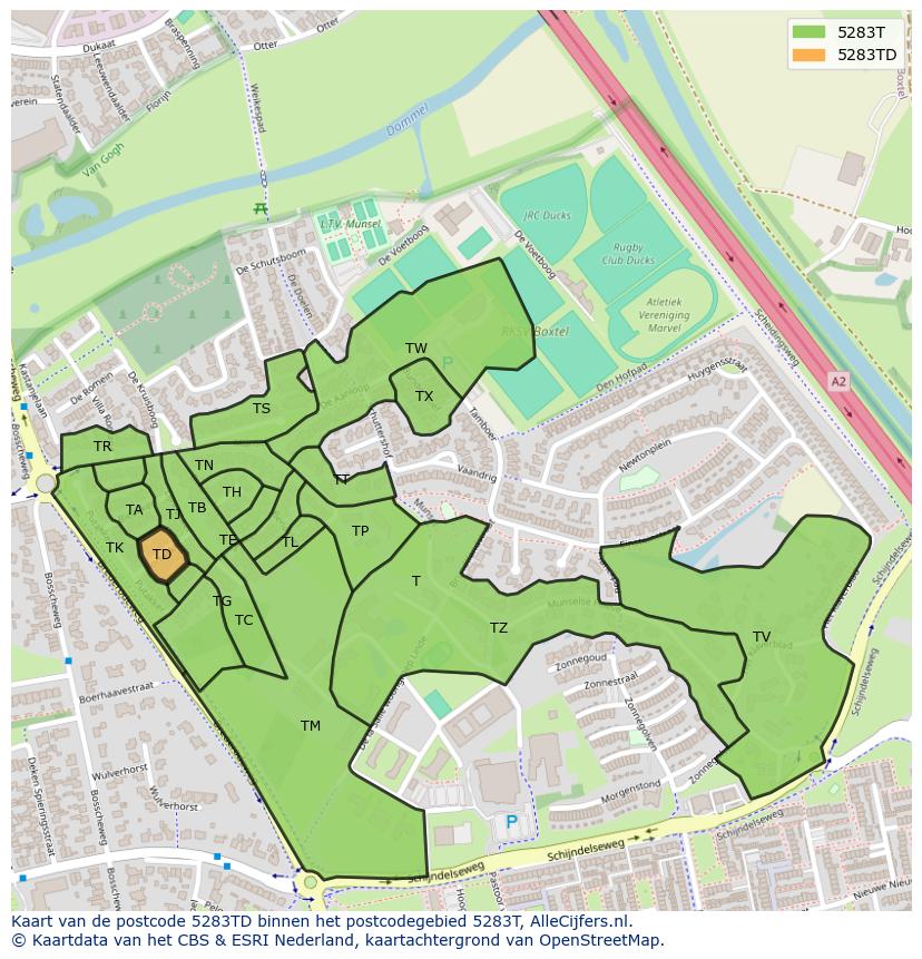 Afbeelding van het postcodegebied 5283 TD op de kaart.
