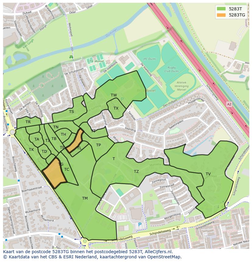 Afbeelding van het postcodegebied 5283 TG op de kaart.