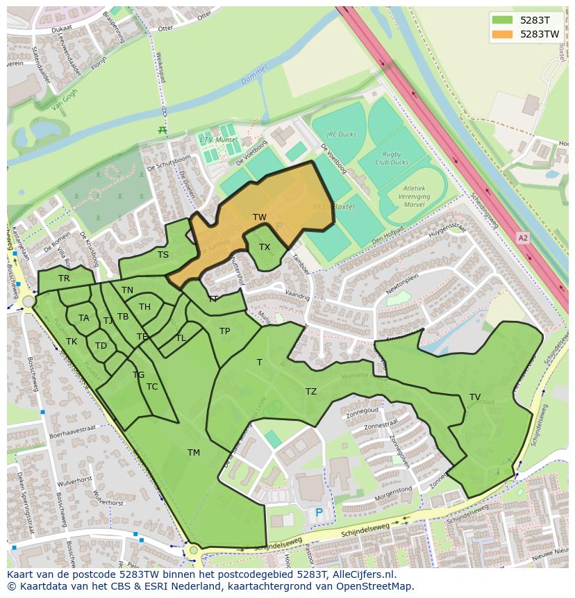 Afbeelding van het postcodegebied 5283 TW op de kaart.