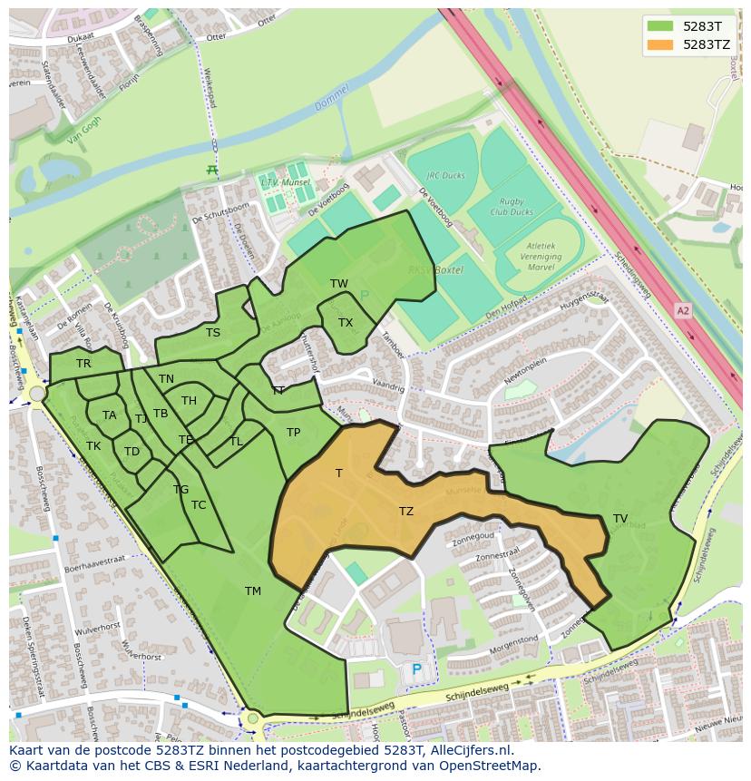 Afbeelding van het postcodegebied 5283 TZ op de kaart.