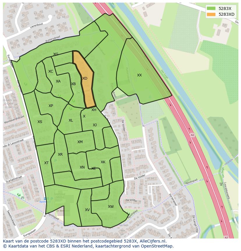 Afbeelding van het postcodegebied 5283 XD op de kaart.
