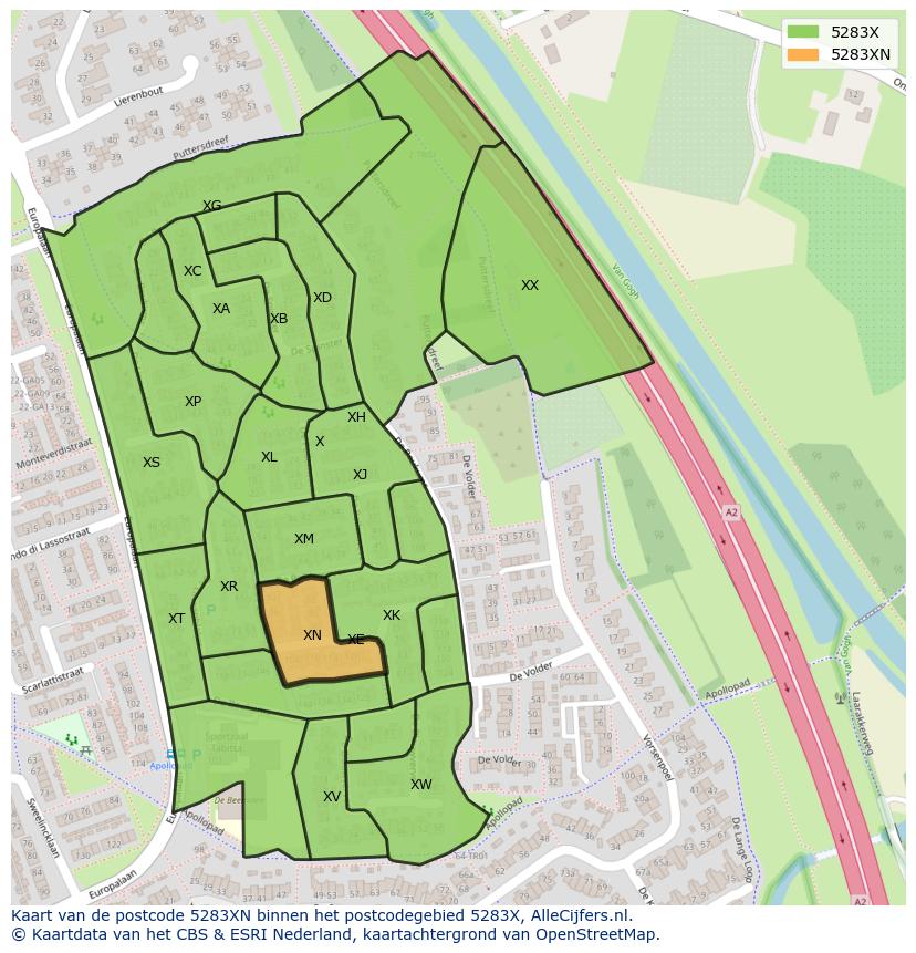 Afbeelding van het postcodegebied 5283 XN op de kaart.