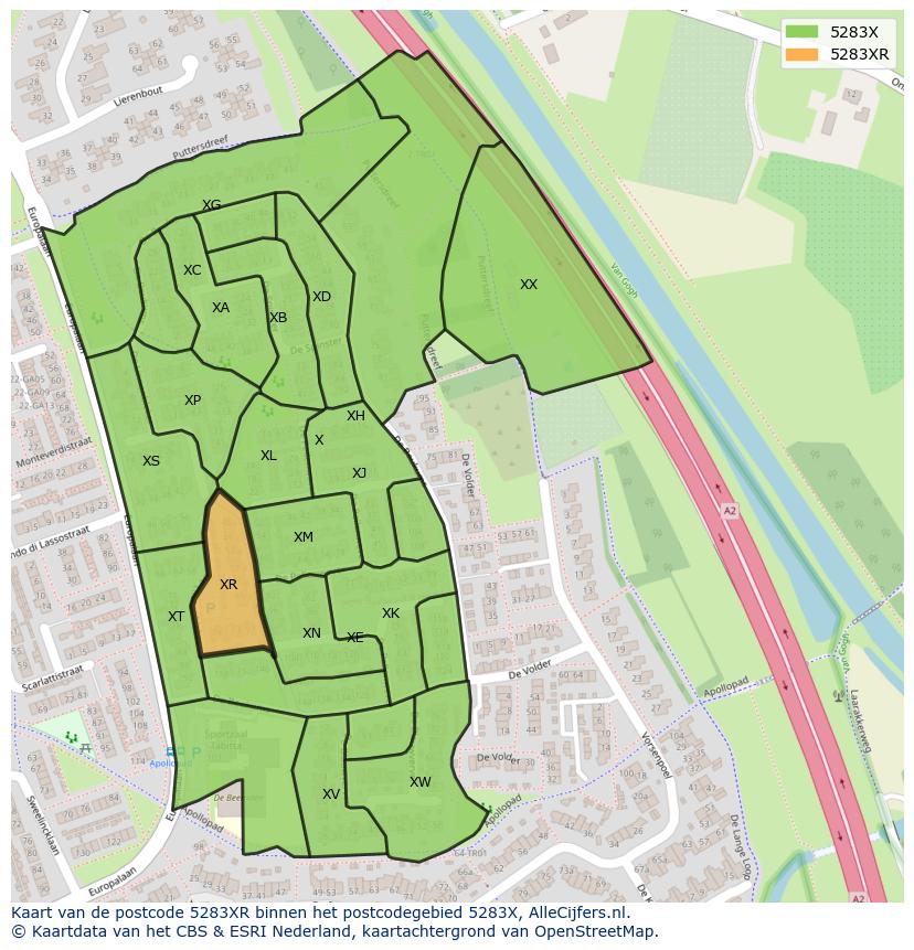 Afbeelding van het postcodegebied 5283 XR op de kaart.